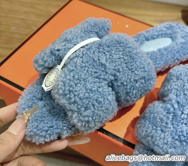 Classic Hot Hermes Oran Sandals in Shearling Wool H101608 Blue