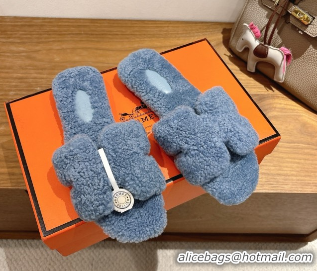 Classic Hot Hermes Oran Sandals in Shearling Wool H101608 Blue