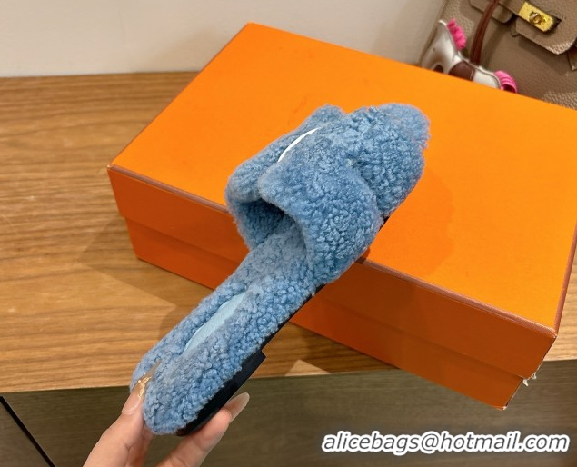 Classic Hot Hermes Oran Sandals in Shearling Wool H101608 Blue