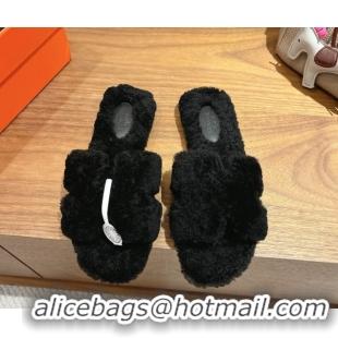 Unique Style Hermes Oran Sandals in Shearling Wool H101606 Black