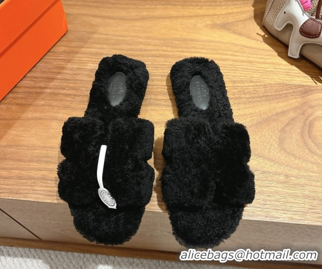 Unique Style Hermes Oran Sandals in Shearling Wool H101606 Black