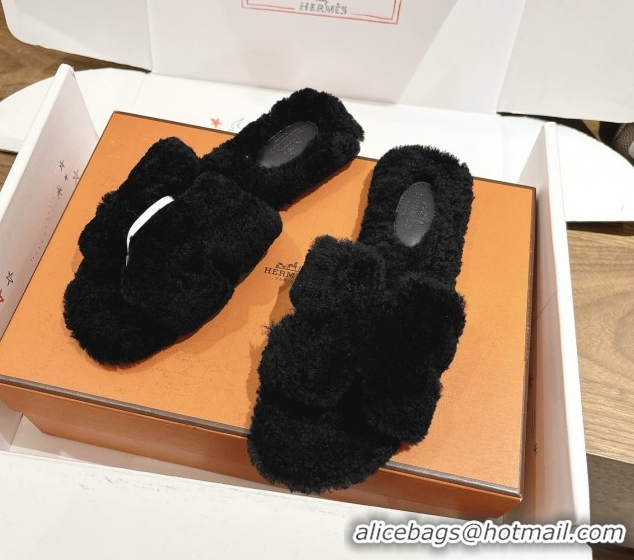 Unique Style Hermes Oran Sandals in Shearling Wool H101606 Black