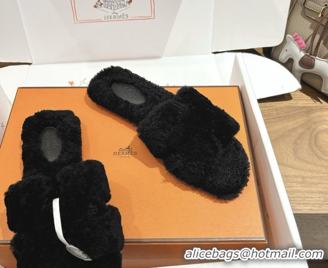 Unique Style Hermes Oran Sandals in Shearling Wool H101606 Black