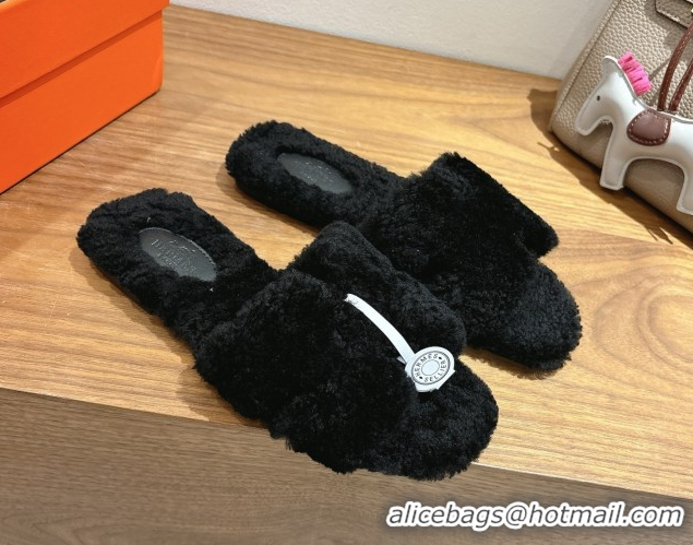 Unique Style Hermes Oran Sandals in Shearling Wool H101606 Black