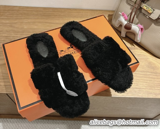 Unique Style Hermes Oran Sandals in Shearling Wool H101606 Black