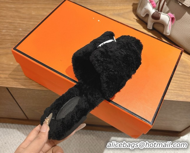 Unique Style Hermes Oran Sandals in Shearling Wool H101606 Black