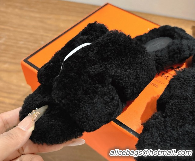 Unique Style Hermes Oran Sandals in Shearling Wool H101606 Black