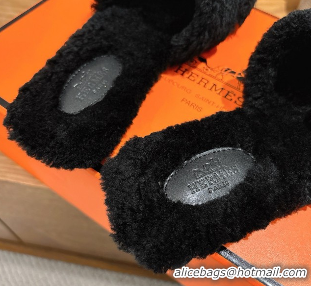 Unique Style Hermes Oran Sandals in Shearling Wool H101606 Black