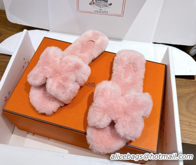 Purchase Hermes Oran Sandals in Shearling Wool H101610 Pink