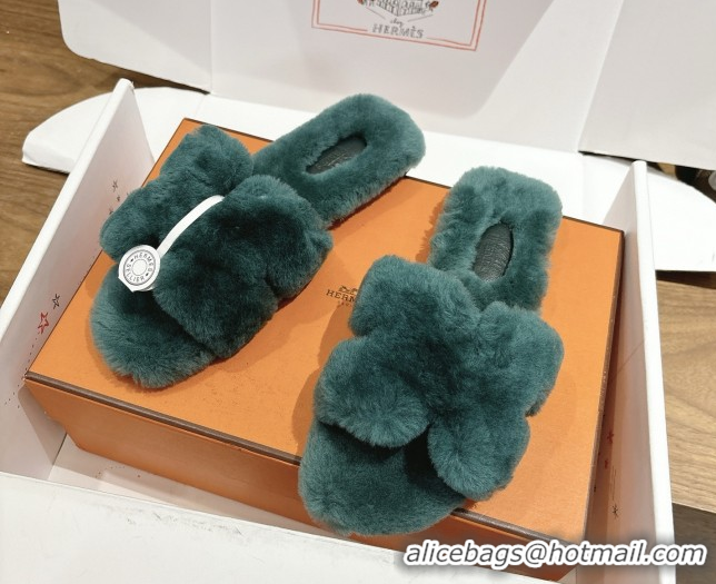 HMost Popular ermes Oran Sandals in Shearling Wool H101611 Green