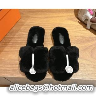 Luxurious Hermes Oran Sandals in Shearling Wool H101612 Black