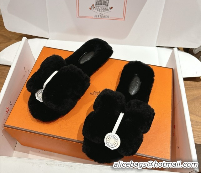 Luxurious Hermes Oran Sandals in Shearling Wool H101612 Black