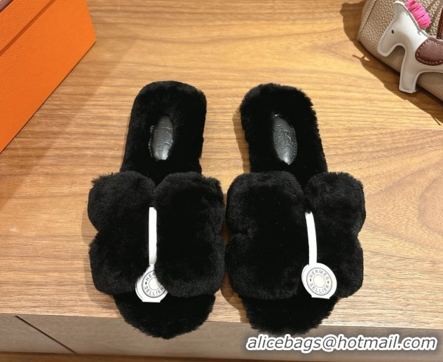 Luxurious Hermes Oran Sandals in Shearling Wool H101612 Black