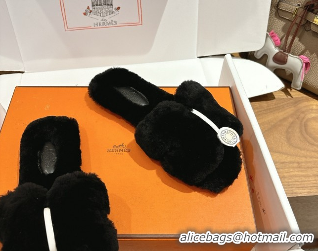 Luxurious Hermes Oran Sandals in Shearling Wool H101612 Black