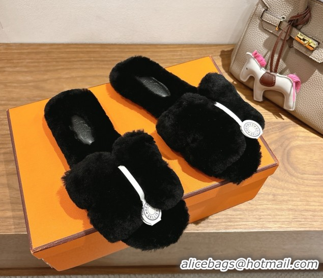 Luxurious Hermes Oran Sandals in Shearling Wool H101612 Black