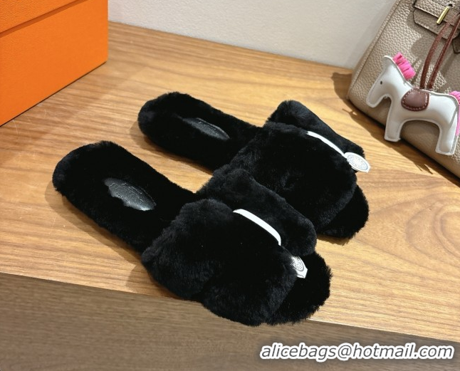 Luxurious Hermes Oran Sandals in Shearling Wool H101612 Black