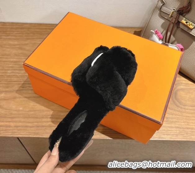 Luxurious Hermes Oran Sandals in Shearling Wool H101612 Black