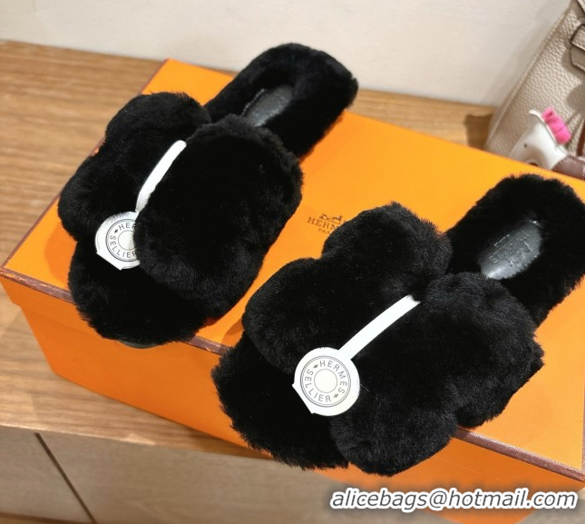 Luxurious Hermes Oran Sandals in Shearling Wool H101612 Black