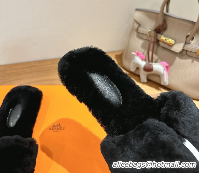Luxurious Hermes Oran Sandals in Shearling Wool H101612 Black