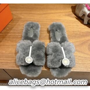 Durable Hermes Oran Sandals in Shearling Wool H101613 Grey