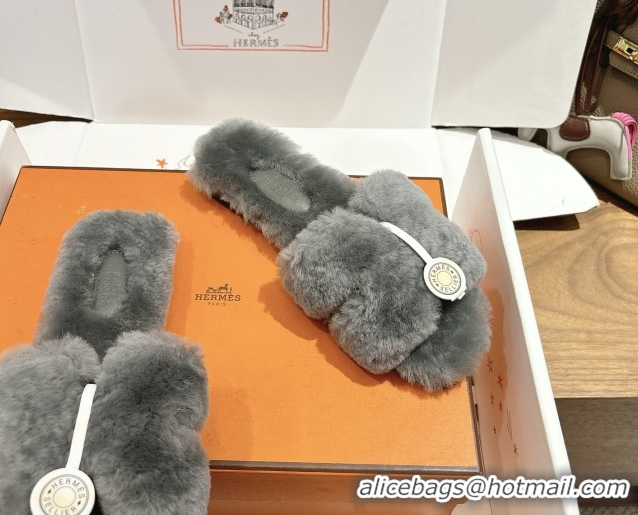 Durable Hermes Oran Sandals in Shearling Wool H101613 Grey