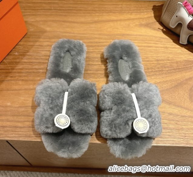Durable Hermes Oran Sandals in Shearling Wool H101613 Grey