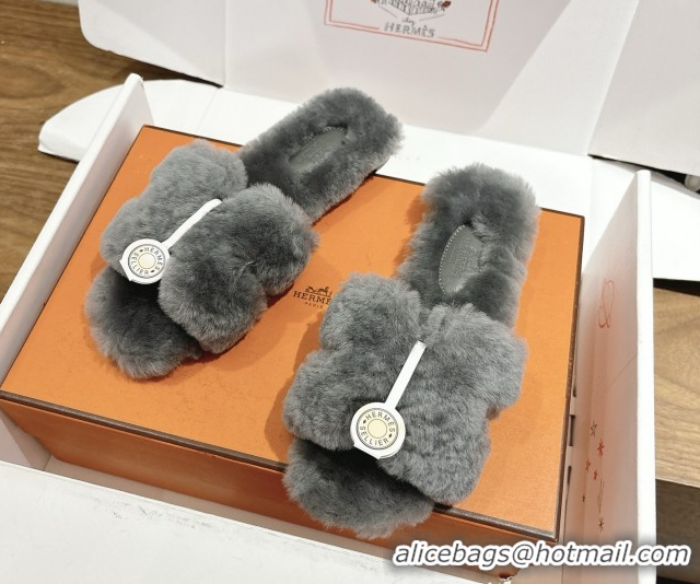 Durable Hermes Oran Sandals in Shearling Wool H101613 Grey