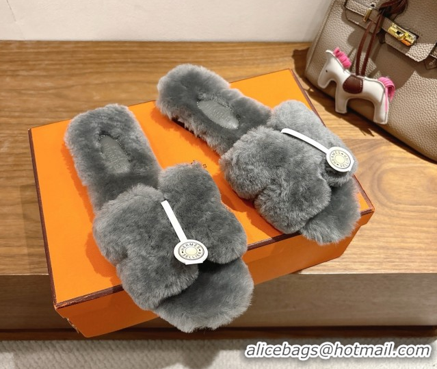 Durable Hermes Oran Sandals in Shearling Wool H101613 Grey