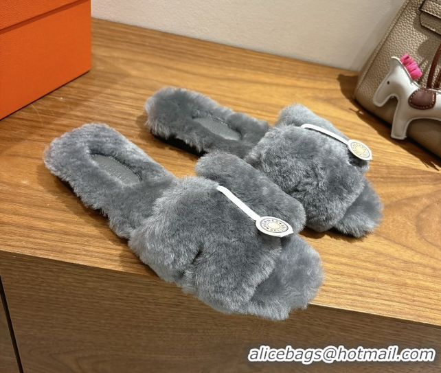 Durable Hermes Oran Sandals in Shearling Wool H101613 Grey