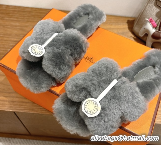 Durable Hermes Oran Sandals in Shearling Wool H101613 Grey