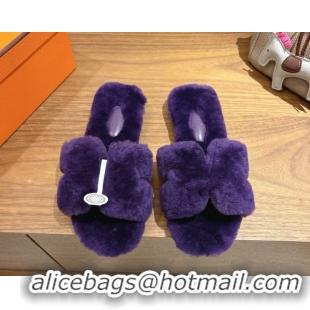 Best Grade Hermes Oran Sandals in Shearling Wool H101614 Purple