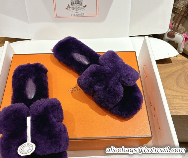 Best Grade Hermes Oran Sandals in Shearling Wool H101614 Purple