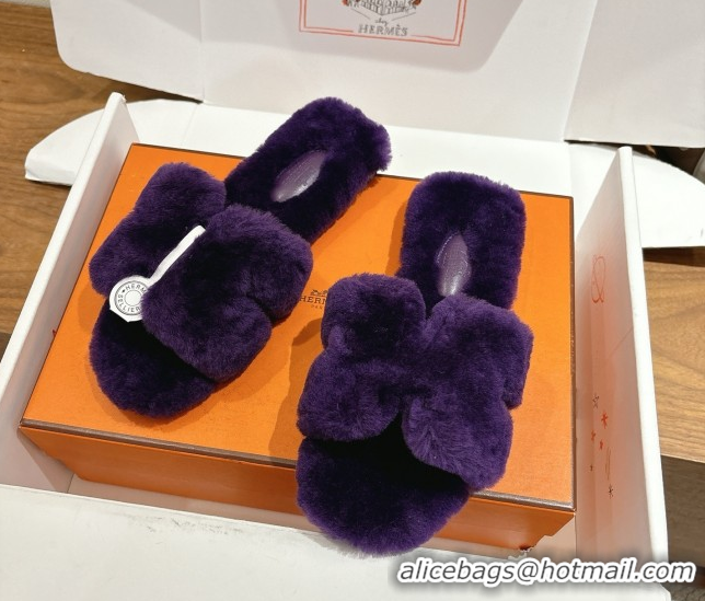 Best Grade Hermes Oran Sandals in Shearling Wool H101614 Purple