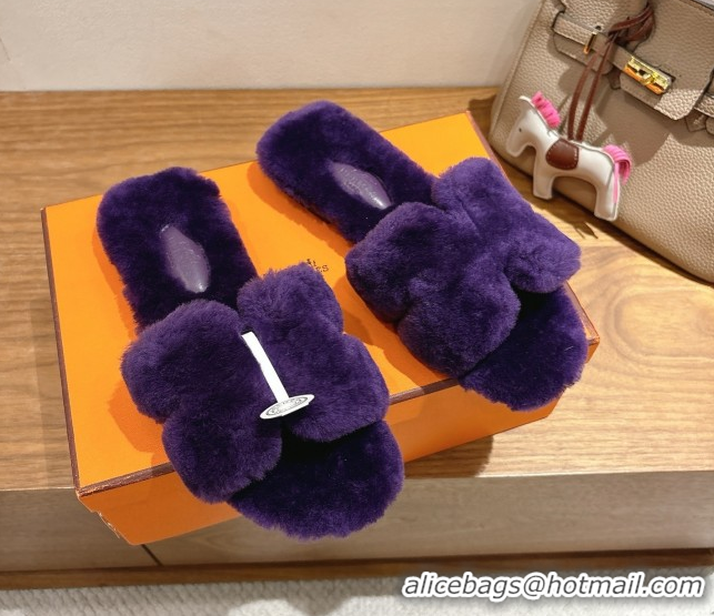 Best Grade Hermes Oran Sandals in Shearling Wool H101614 Purple
