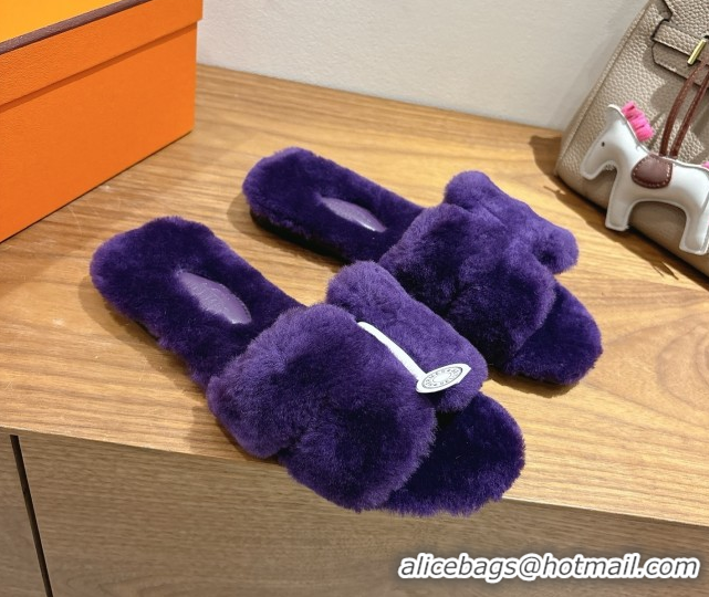 Best Grade Hermes Oran Sandals in Shearling Wool H101614 Purple