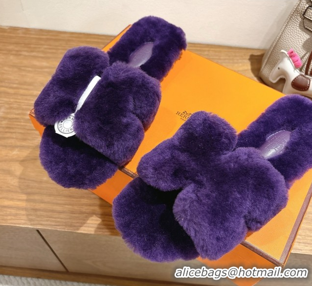 Best Grade Hermes Oran Sandals in Shearling Wool H101614 Purple