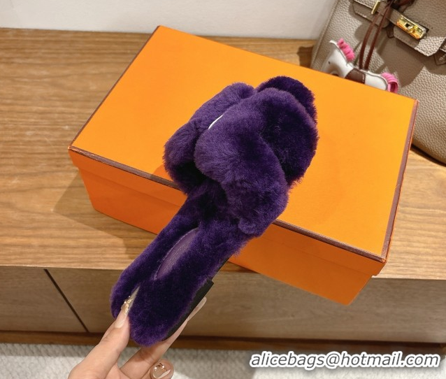 Best Grade Hermes Oran Sandals in Shearling Wool H101614 Purple