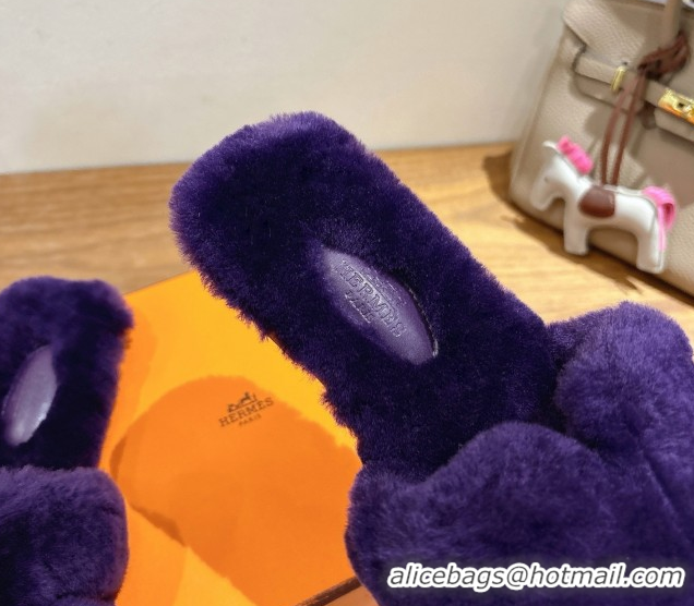 Best Grade Hermes Oran Sandals in Shearling Wool H101614 Purple