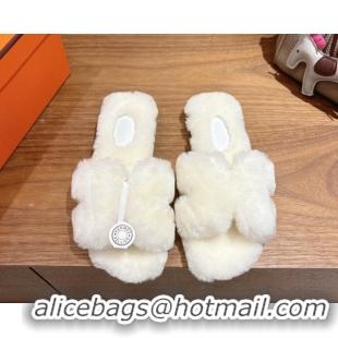Good Looking Hermes Oran Sandals in Shearling Wool H101615 White
