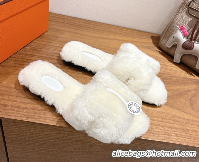 Good Looking Hermes Oran Sandals in Shearling Wool H101615 White
