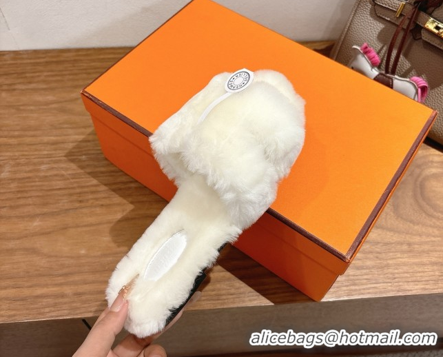 Good Looking Hermes Oran Sandals in Shearling Wool H101615 White