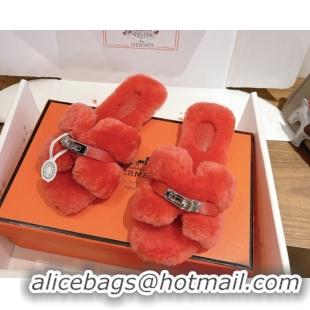 Best Price Hermes Oran Sandals in Shearling Wool with Kelly Buckle H101616 Red