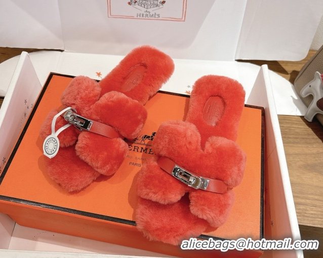 Best Price Hermes Oran Sandals in Shearling Wool with Kelly Buckle H101616 Red