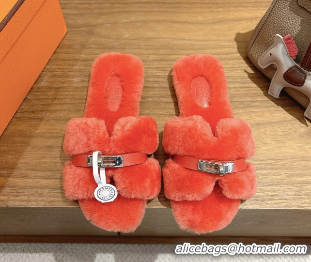 Best Price Hermes Oran Sandals in Shearling Wool with Kelly Buckle H101616 Red