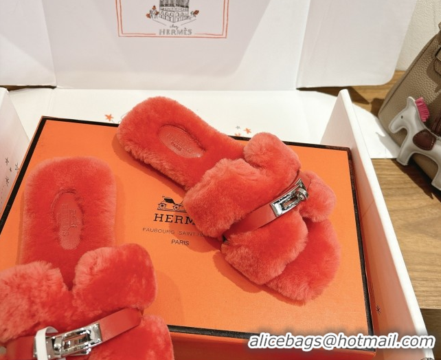 Best Price Hermes Oran Sandals in Shearling Wool with Kelly Buckle H101616 Red
