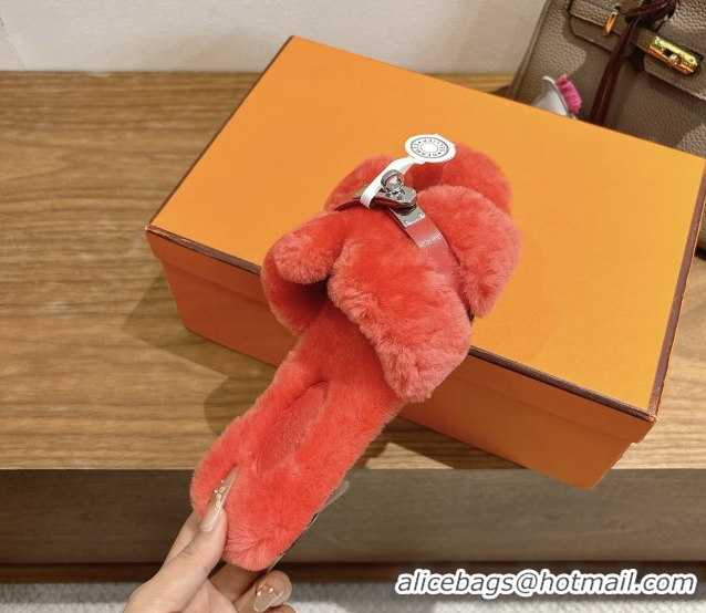 Best Price Hermes Oran Sandals in Shearling Wool with Kelly Buckle H101616 Red