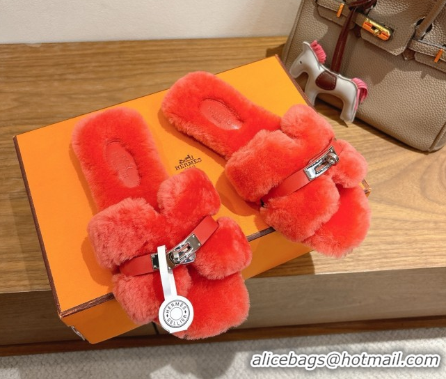 Best Price Hermes Oran Sandals in Shearling Wool with Kelly Buckle H101616 Red