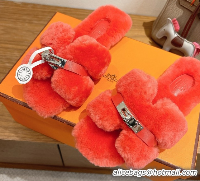 Best Price Hermes Oran Sandals in Shearling Wool with Kelly Buckle H101616 Red