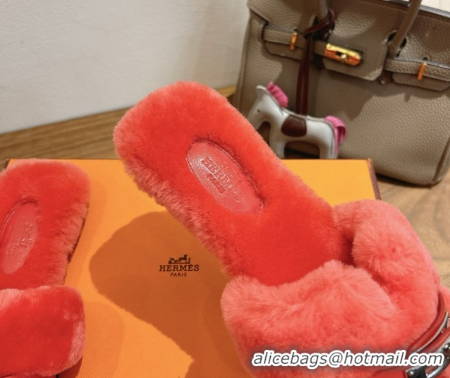 Best Price Hermes Oran Sandals in Shearling Wool with Kelly Buckle H101616 Red