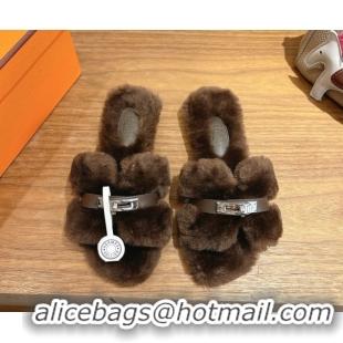 Most Popular Hermes Oran Sandals in Shearling Wool with Kelly Buckle H101617 Dark Brown